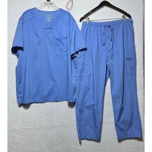 Cherokee Revolution Scrubs Top Pants Set L/G Blue Polyester Rayon Spandex